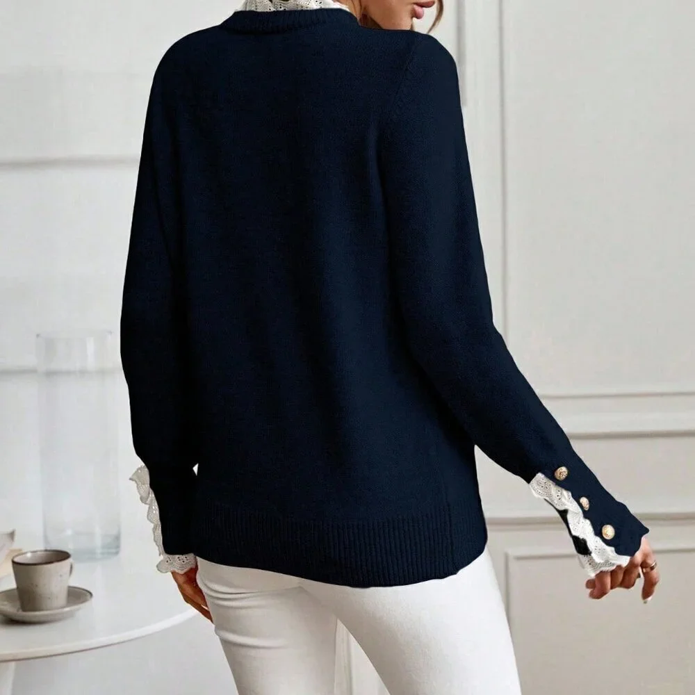 Navy Blue Casual Women's Loose Fit Long Sleeve Sweater With Ruffle Hem